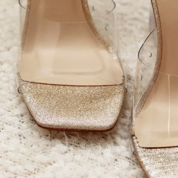 NEW Clear Transparent Wedge Slip On Square Toe Mule Sandal Heels Champagne Gold - Picture 6 of 8